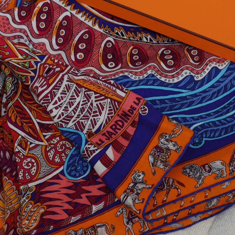 HERMES Le jardin de maharani君妃花園披肩 140 - 橘紅-2