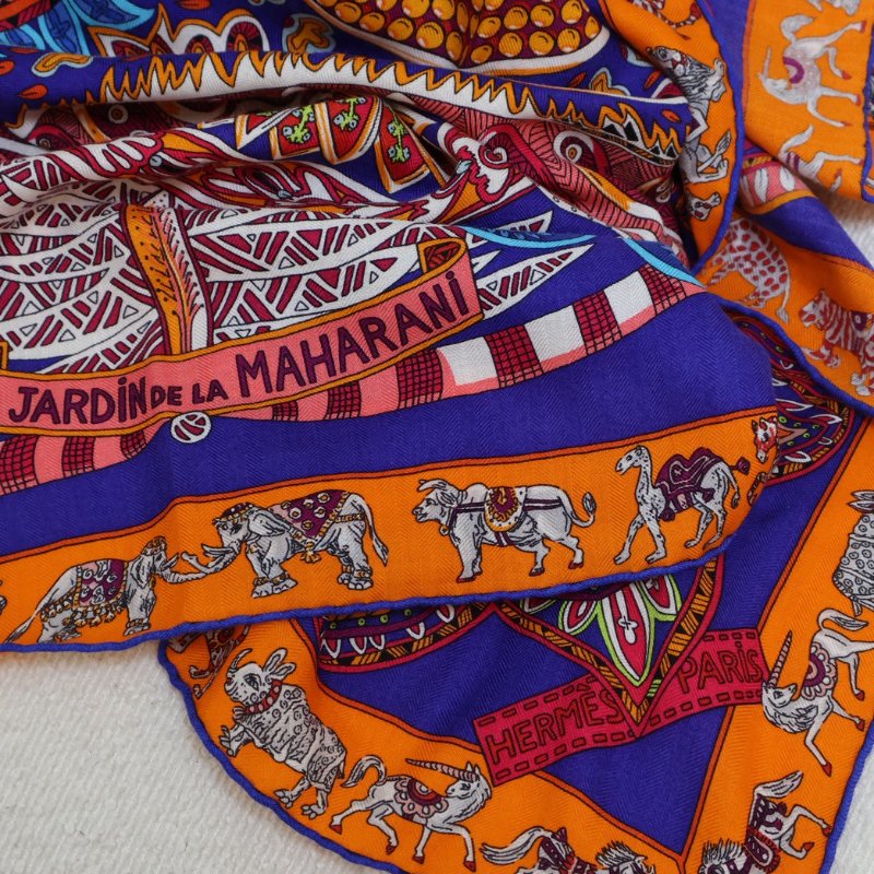 HERMES Le jardin de maharani君妃花園披肩 140 - 橘紅-3