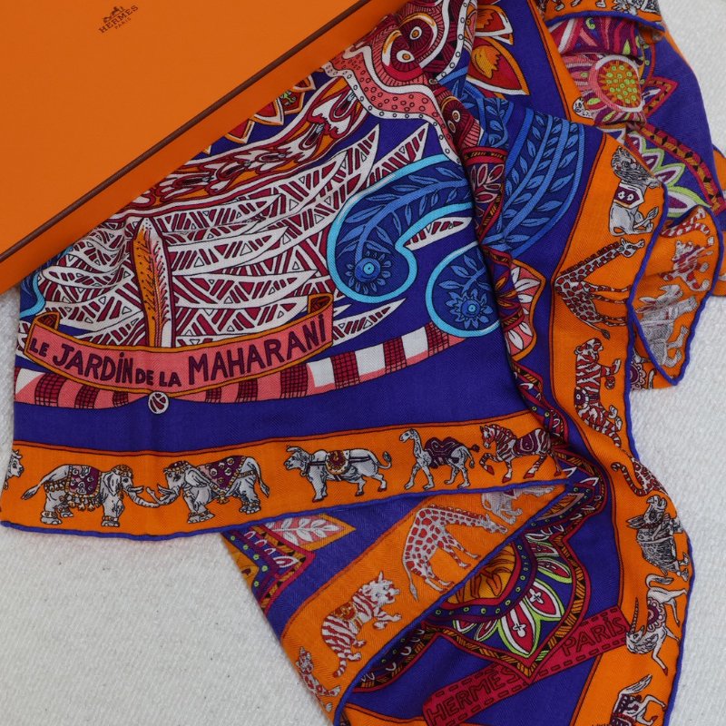 HERMES Le jardin de maharani君妃花園披肩 140 - 橘紅-5