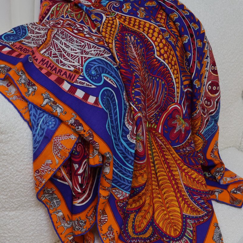 HERMES Le jardin de maharani君妃花園披肩 140 - 橘紅-6