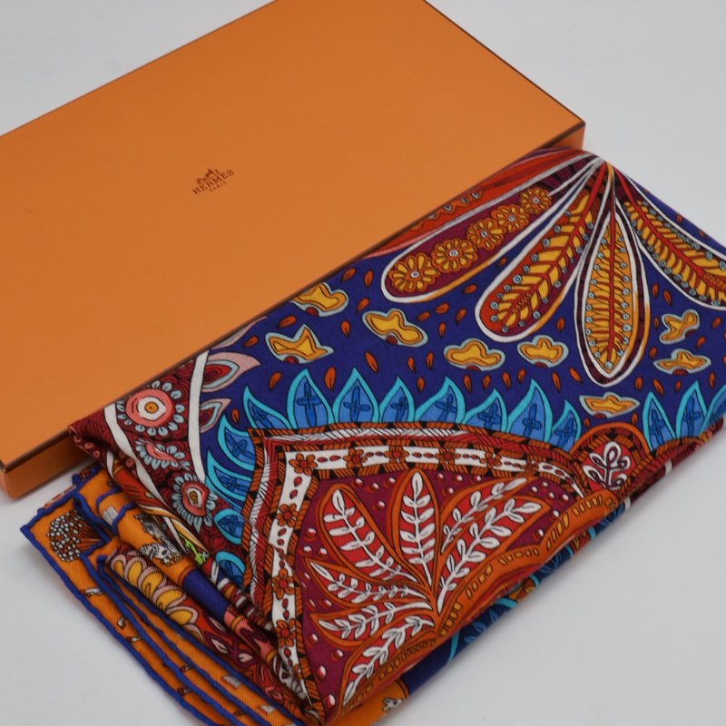 HERMES Le jardin de maharani君妃花園披肩 140 - 橘紅-9