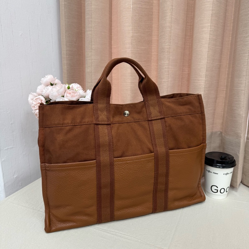 Hermès 帆布 拼皮手提包 購物包 vintage 特價出清-0