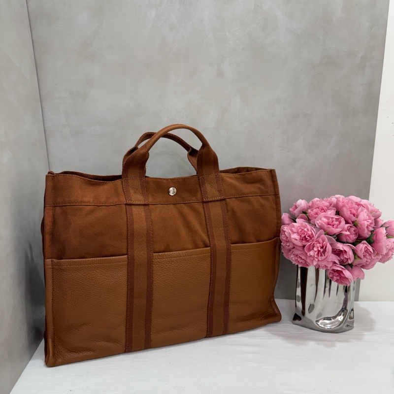 Hermès 帆布 拼皮手提包 購物包 vintage 特價出清-1