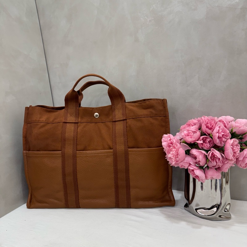 Hermès 帆布 拼皮手提包 購物包 vintage 特價出清-2