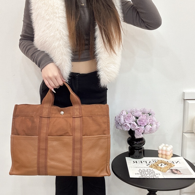 Hermès 帆布 拼皮手提包 購物包 vintage 特價出清-3