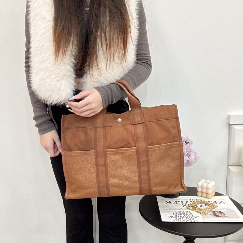 Hermès 帆布 拼皮手提包 購物包 vintage 特價出清-4