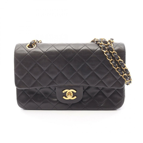 香奈兒 (CHANEL) Matelasse W 翻蓋鏈條單肩包，羊皮材質，黑色，二手，女士款，金色五金