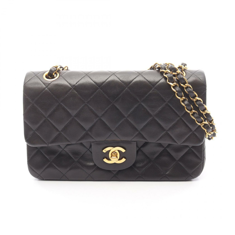 香奈兒 (CHANEL) Matelasse W 翻蓋鏈條單肩包，羊皮材質，黑色，二手，女士款，金色五金-0