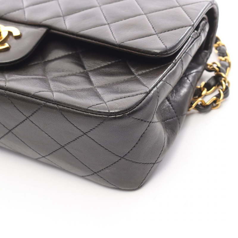香奈兒 (CHANEL) Matelasse W 翻蓋鏈條單肩包，羊皮材質，黑色，二手，女士款，金色五金-10