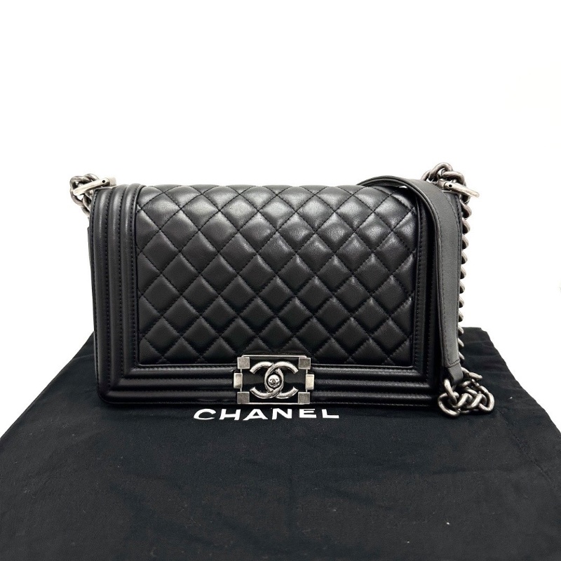 CHANEL 黑銀Leboy中號肩背斜背鏈條包25*14*7 98新配件塵袋-1