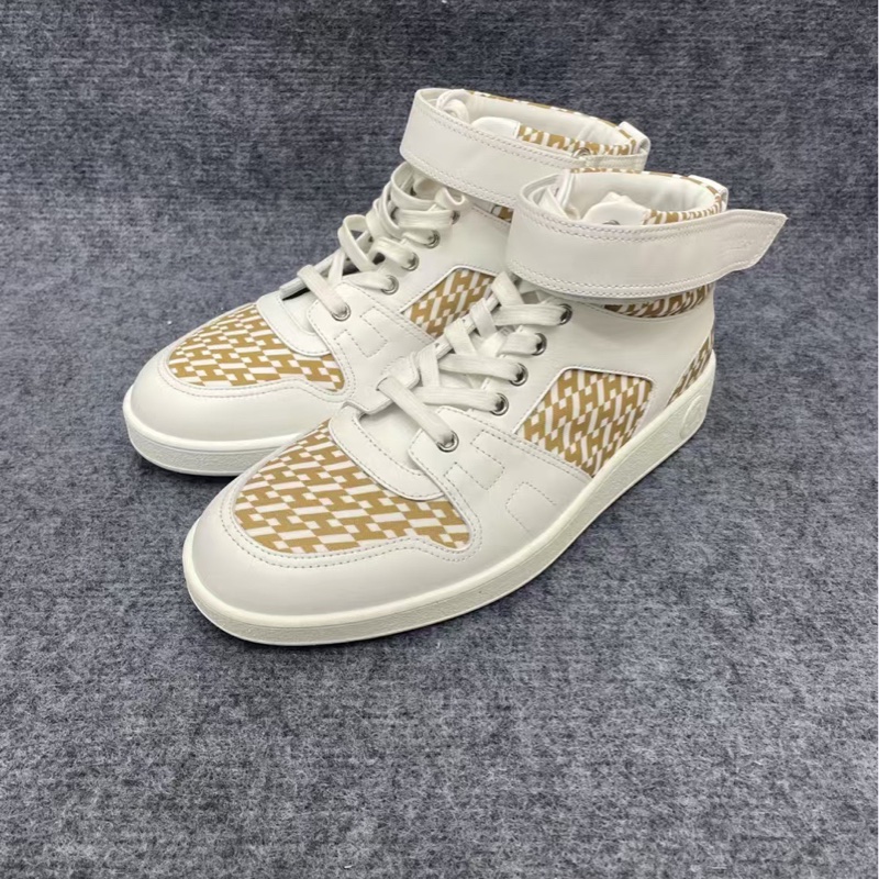 HERMES愛馬仕 Freestyle 帆布皮革高幫系帶時尚板鞋 白色41碼閒置未使用-1