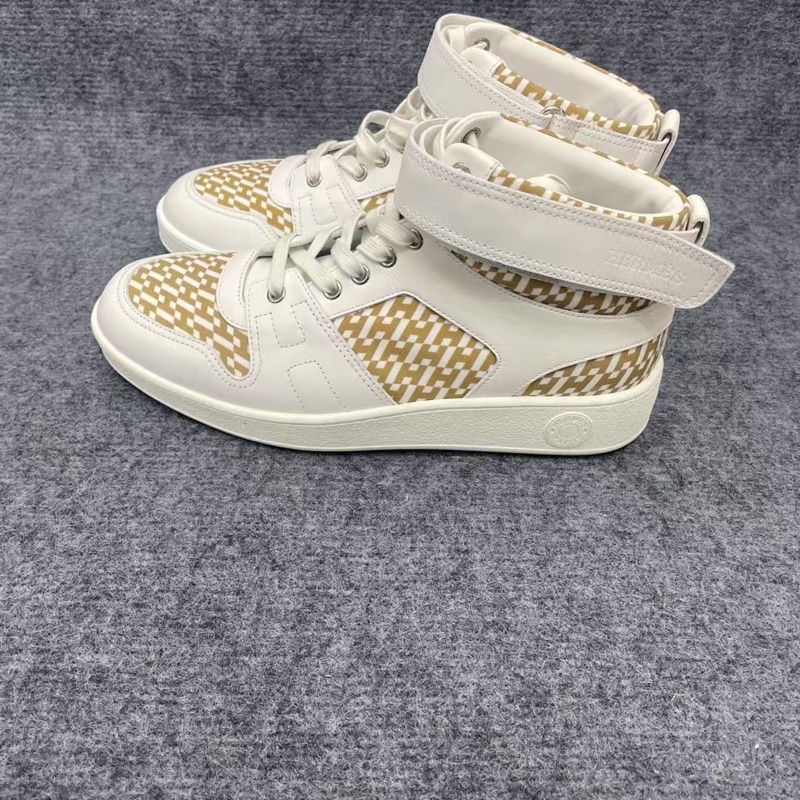 HERMES愛馬仕 Freestyle 帆布皮革高幫系帶時尚板鞋 白色41碼閒置未使用-2