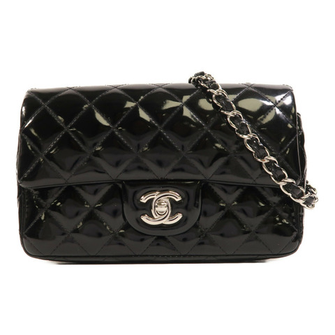 CHANEL 漆皮皮革Mini Classic 20銀扣鏈帶肩背袋