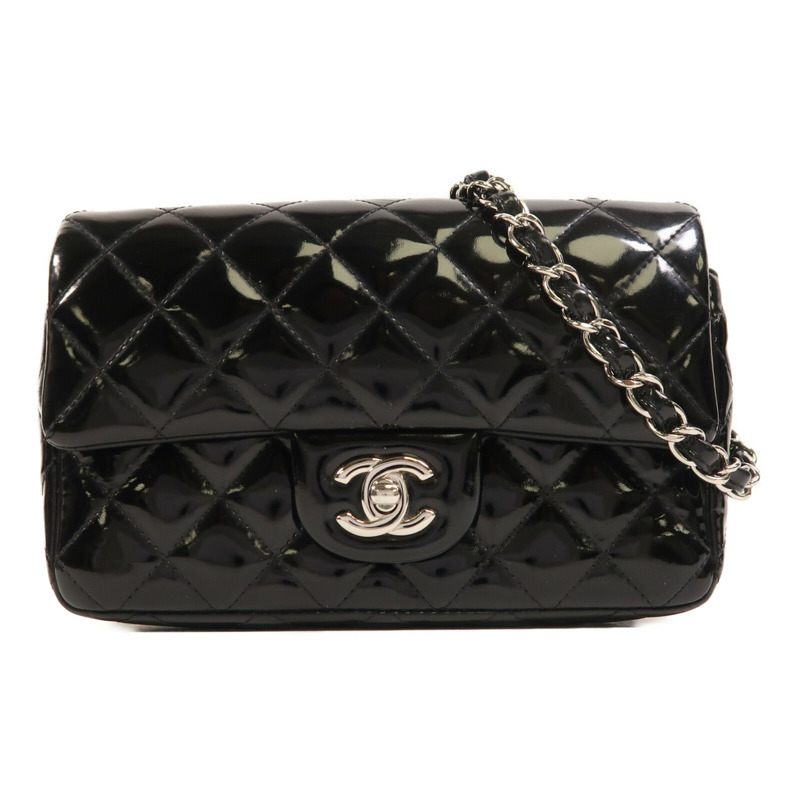 CHANEL 漆皮皮革Mini Classic 20銀扣鏈帶肩背袋-0