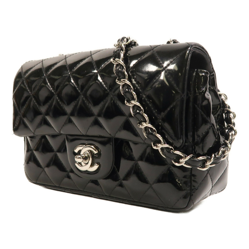 CHANEL 漆皮皮革Mini Classic 20銀扣鏈帶肩背袋-2