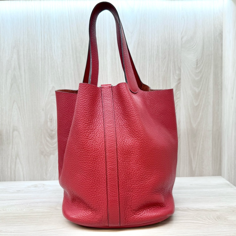 HERMES 紅色銀釦TC牛皮菜籃子 26CM-1