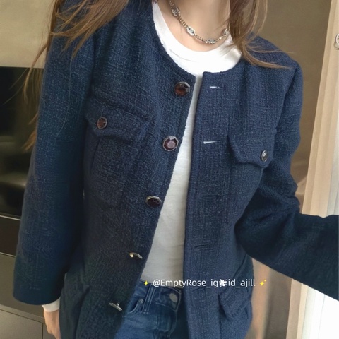 Chanel 毛呢tweed經典口袋🪁紫色寶石釦藍色外套🧊