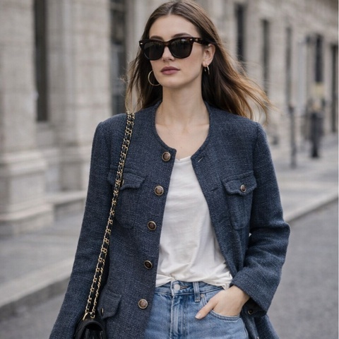 Chanel tweed四口袋外套®️寶石釦 圓領毛呢 💎💥💥