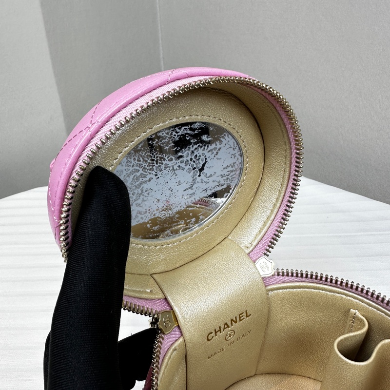 香奈兒/Chanel Vanity 粉色小圓桶金扣手提化妝包 小羊皮12×9.5×11cm-5