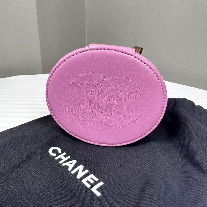 香奈兒/Chanel Vanity 粉色小圓桶金扣手提化妝包 小羊皮12×9.5×11cm-9