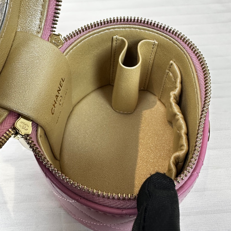 香奈兒/Chanel Vanity 粉色小圓桶金扣手提化妝包 小羊皮12×9.5×11cm-10