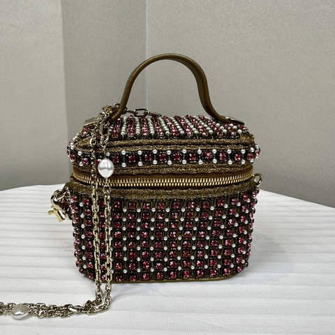 迪奧/Dior 迷你化妝包 金線粉鑽珍珠裝飾 鏈條斜背包11x7x9.5cm