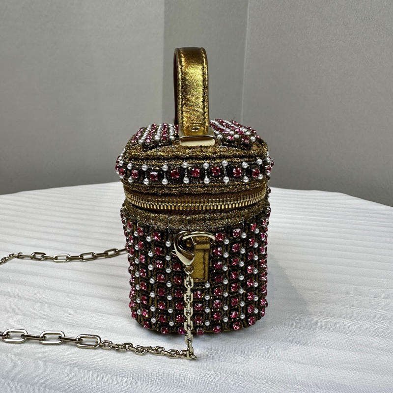 迪奧/Dior 迷你化妝包 金線粉鑽珍珠裝飾 鏈條斜背包11x7x9.5cm-2