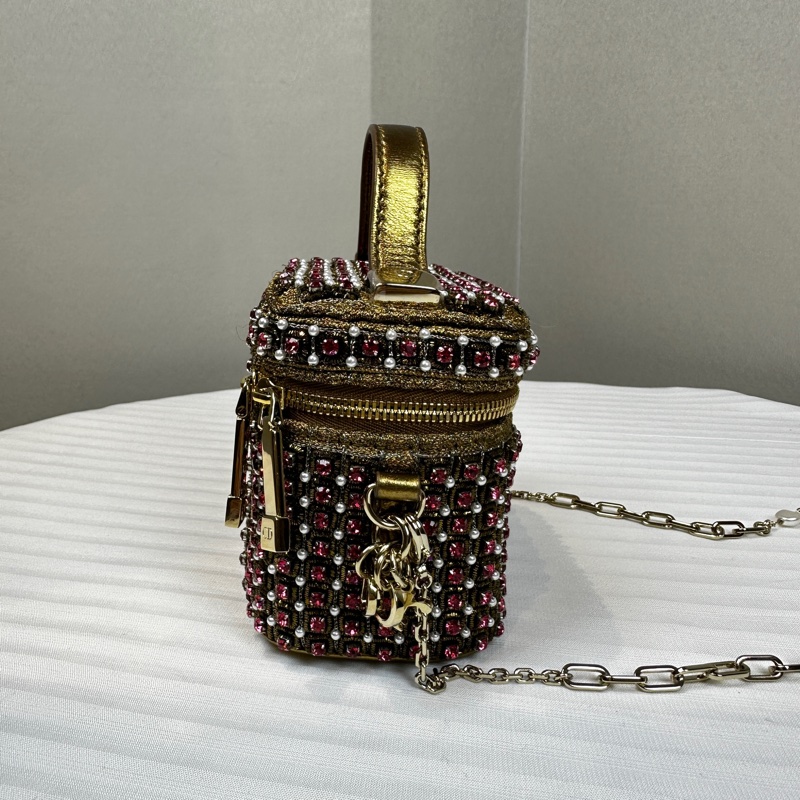 迪奧/Dior 迷你化妝包 金線粉鑽珍珠裝飾 鏈條斜背包11x7x9.5cm-3
