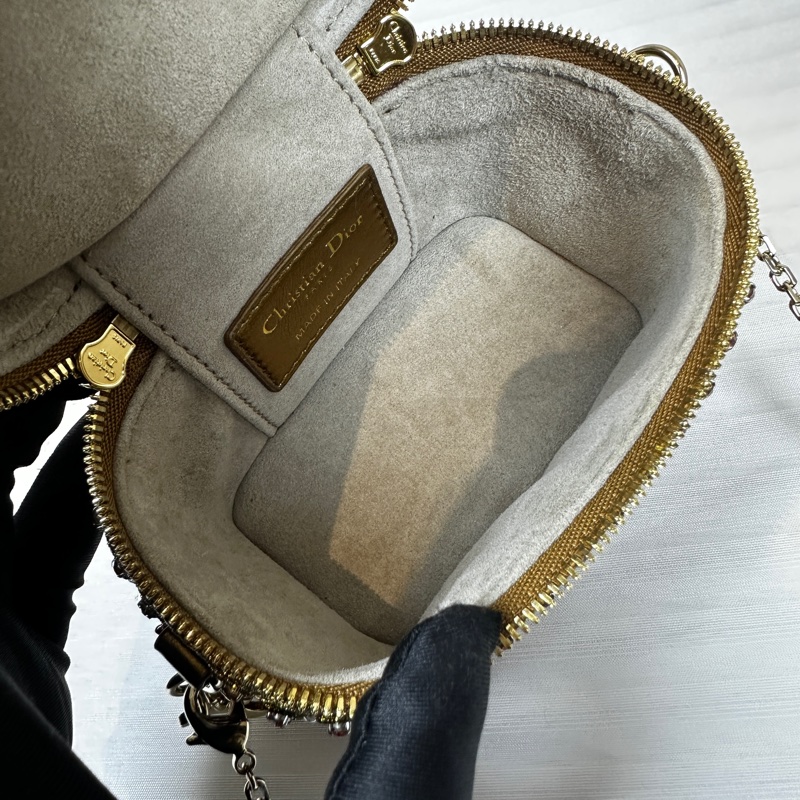 迪奧/Dior 迷你化妝包 金線粉鑽珍珠裝飾 鏈條斜背包11x7x9.5cm-8