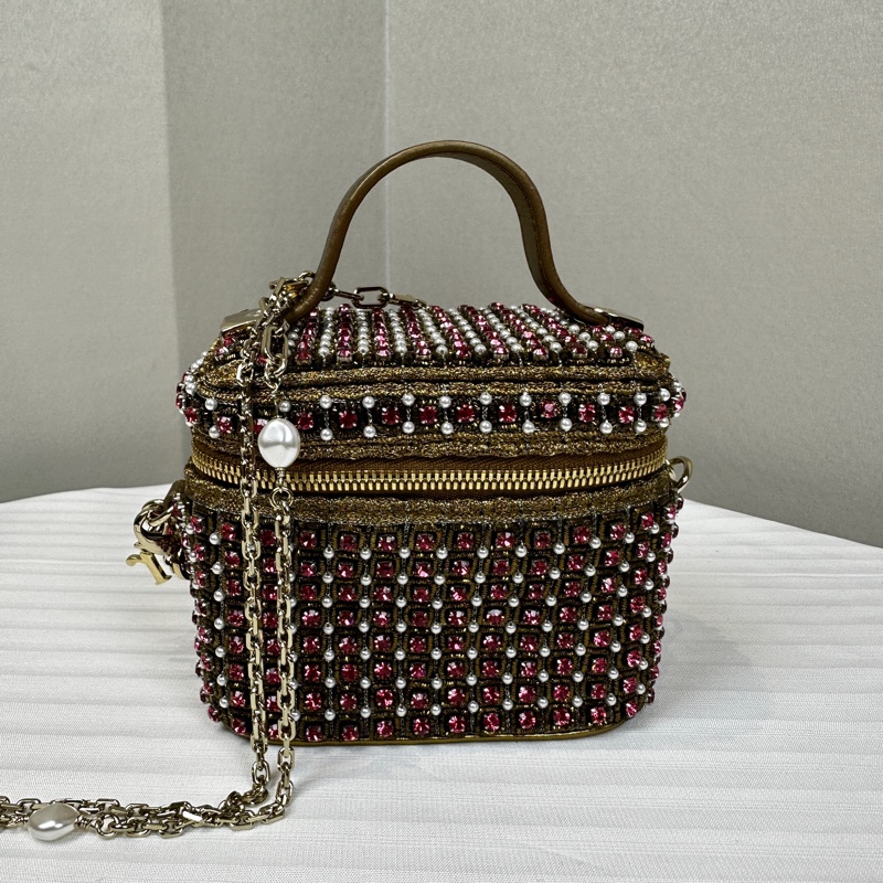 迪奧/Dior 迷你化妝包 金線粉鑽珍珠裝飾 鏈條斜背包11x7x9.5cm-9