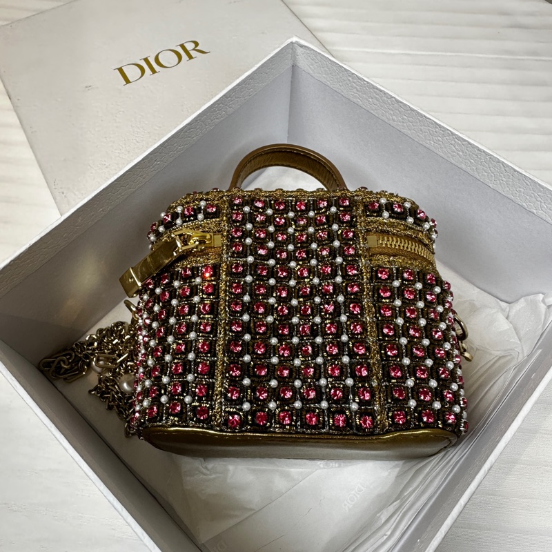 迪奧/Dior 迷你化妝包 金線粉鑽珍珠裝飾 鏈條斜背包11x7x9.5cm-10