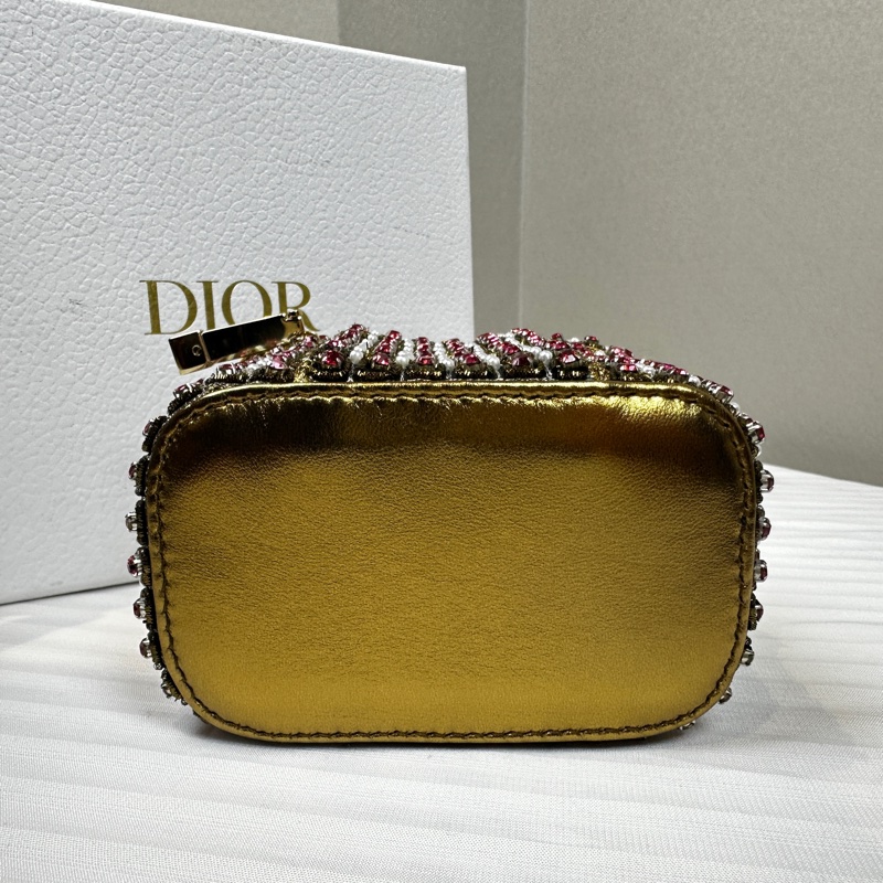 迪奧/Dior 迷你化妝包 金線粉鑽珍珠裝飾 鏈條斜背包11x7x9.5cm-11