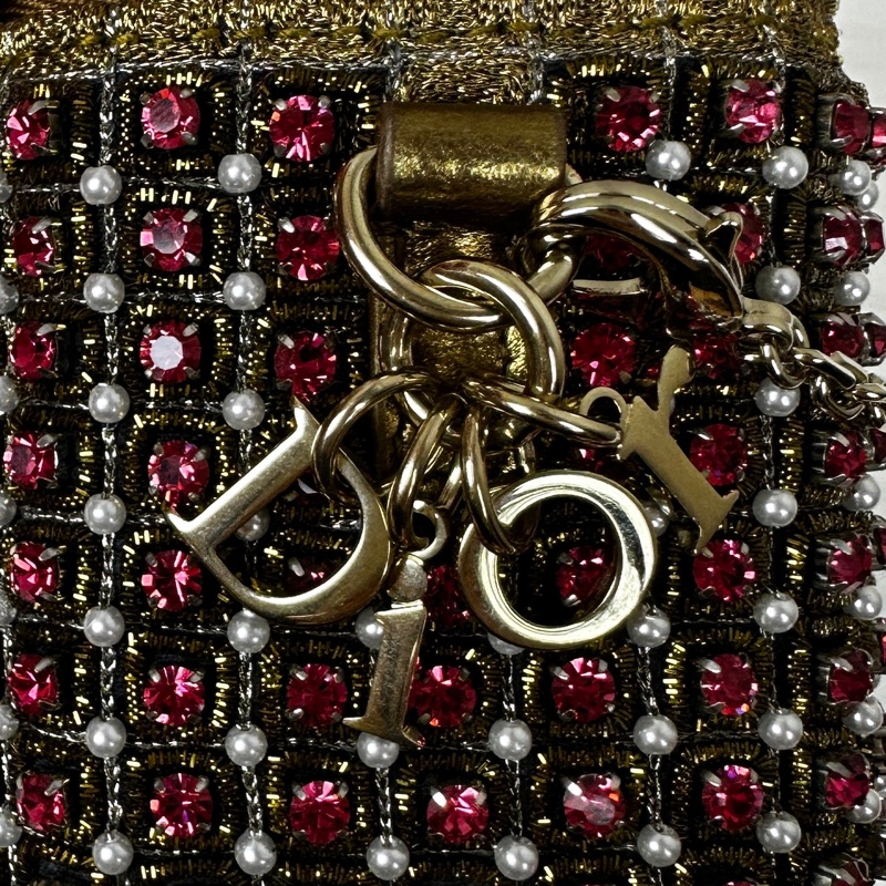 迪奧/Dior 迷你化妝包 金線粉鑽珍珠裝飾 鏈條斜背包11x7x9.5cm-13