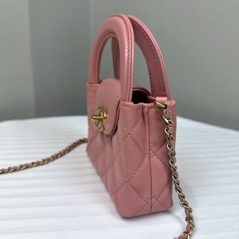香奈兒/ Chanel Mini Kelly 粉色金扣鏈條斜背包12.5x4x8cm-2