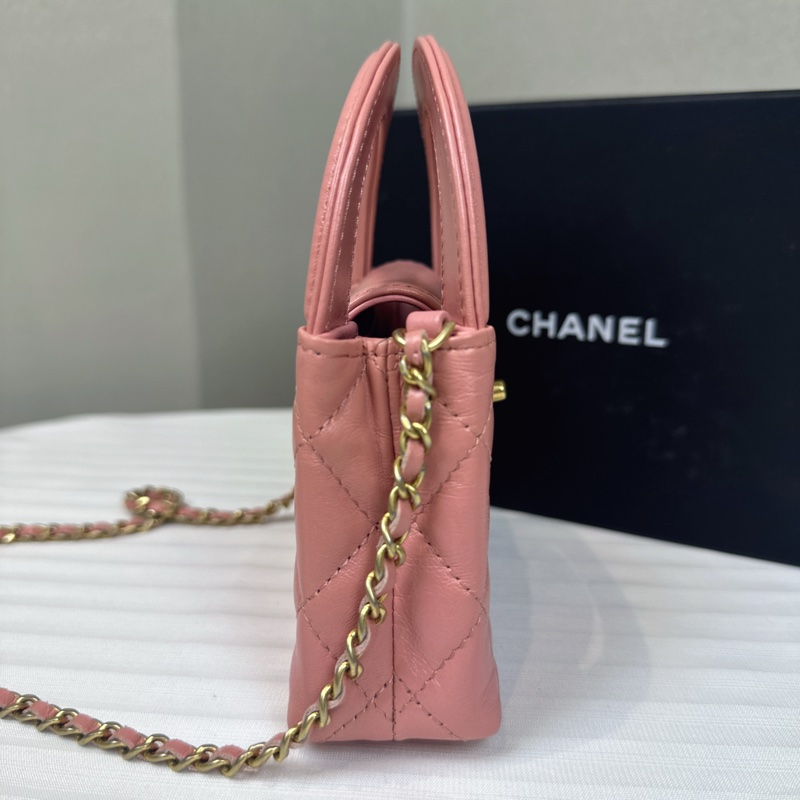 香奈兒/ Chanel Mini Kelly 粉色金扣鏈條斜背包12.5x4x8cm-3