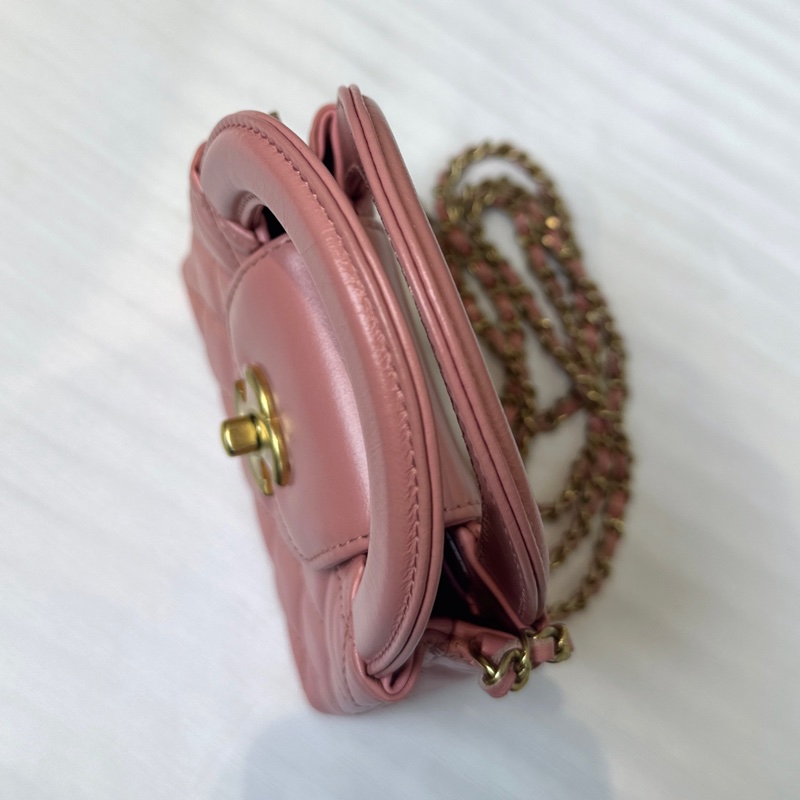 香奈兒/ Chanel Mini Kelly 粉色金扣鏈條斜背包12.5x4x8cm-4