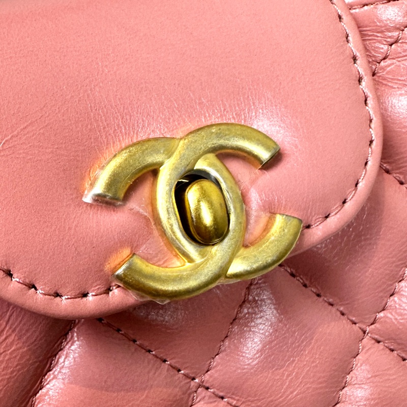 香奈兒/ Chanel Mini Kelly 粉色金扣鏈條斜背包12.5x4x8cm-7