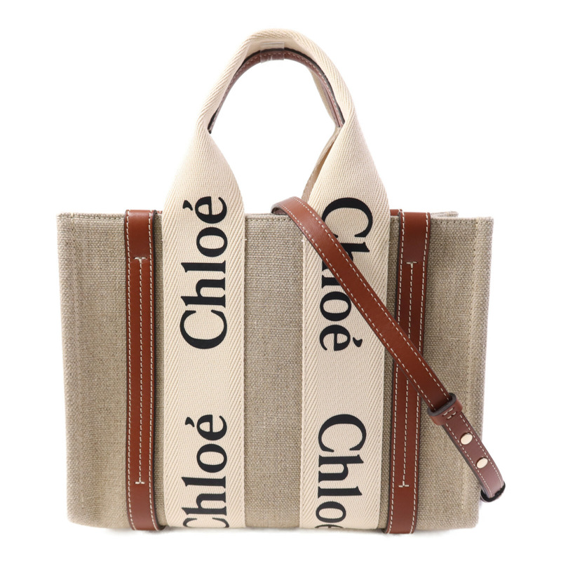 Chloe 帆布/牛皮皮革Woody Small銀扣手挽肩背兩用袋-0