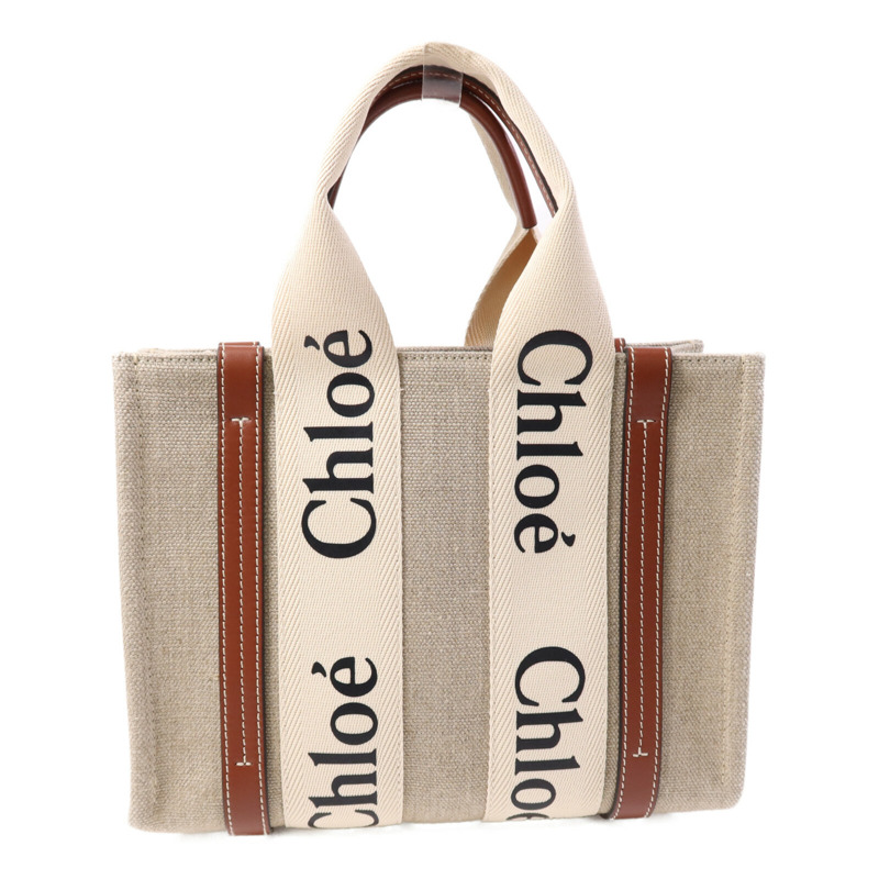 Chloe 帆布/牛皮皮革Woody Small銀扣手挽肩背兩用袋-1