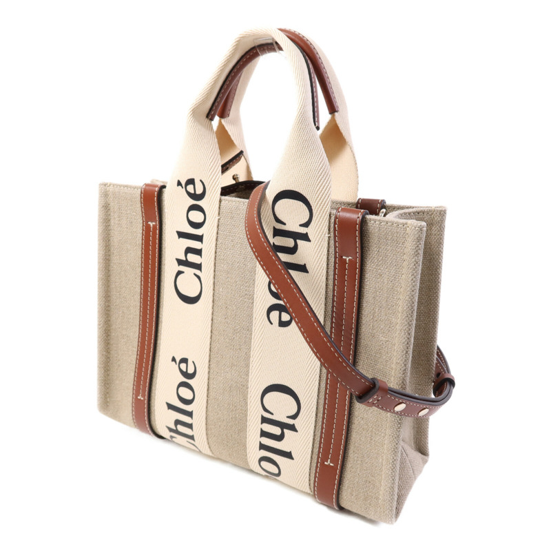 Chloe 帆布/牛皮皮革Woody Small銀扣手挽肩背兩用袋-2