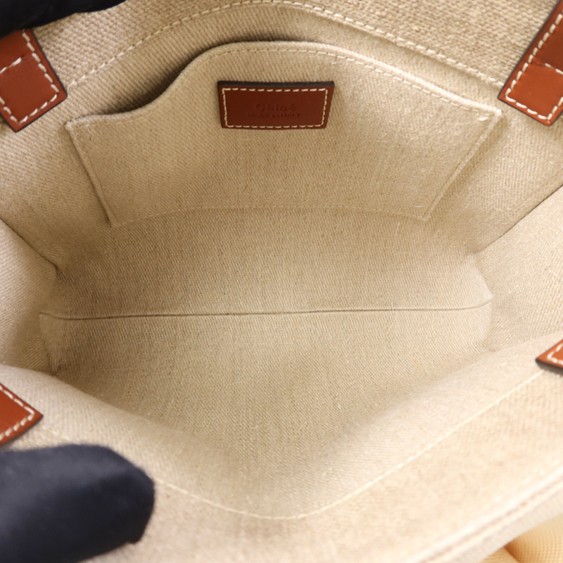 Chloe 帆布/牛皮皮革Woody Small銀扣手挽肩背兩用袋-4