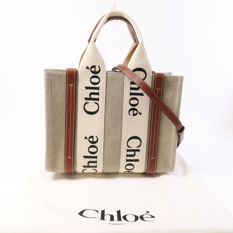 Chloe 帆布/牛皮皮革Woody Small銀扣手挽肩背兩用袋-7