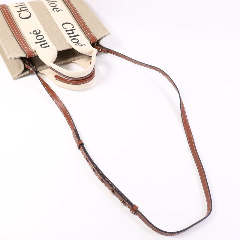 Chloe 帆布/牛皮皮革Woody Small銀扣手挽肩背兩用袋-8