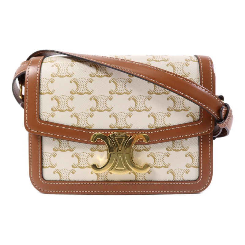 CELINE 塗層帆布/牛皮皮革Teen Triomphe金扣肩背袋-0