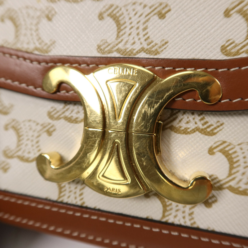 CELINE 塗層帆布/牛皮皮革Teen Triomphe金扣肩背袋-6