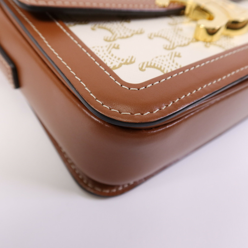 CELINE 塗層帆布/牛皮皮革Teen Triomphe金扣肩背袋-10