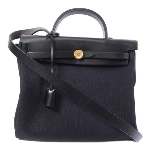 HERMES 帆布Herbag PM金扣手挽肩背兩用袋Noir