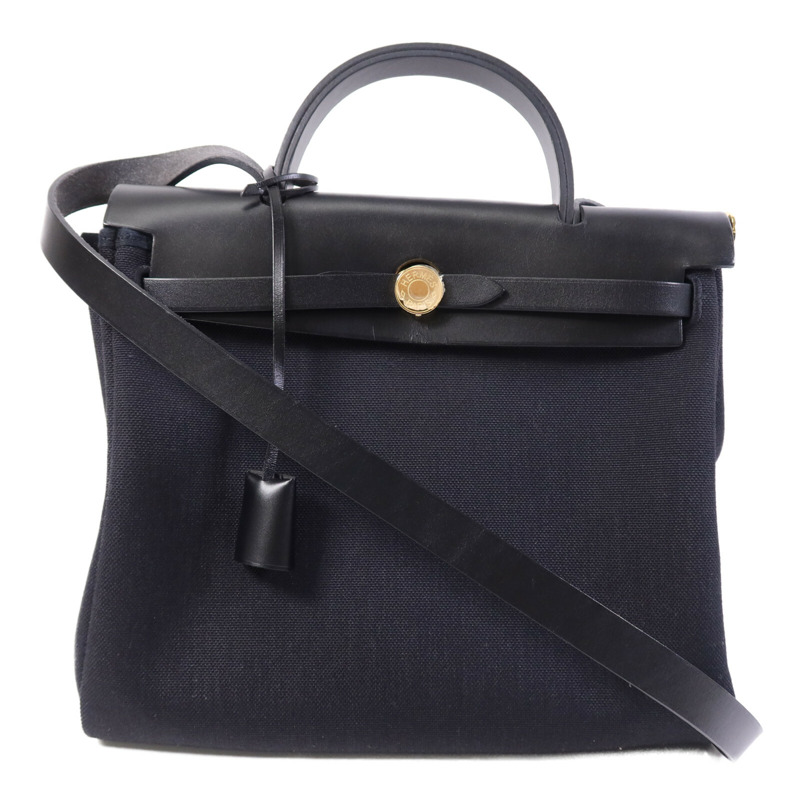 HERMES 帆布Herbag PM金扣手挽肩背兩用袋Noir-0
