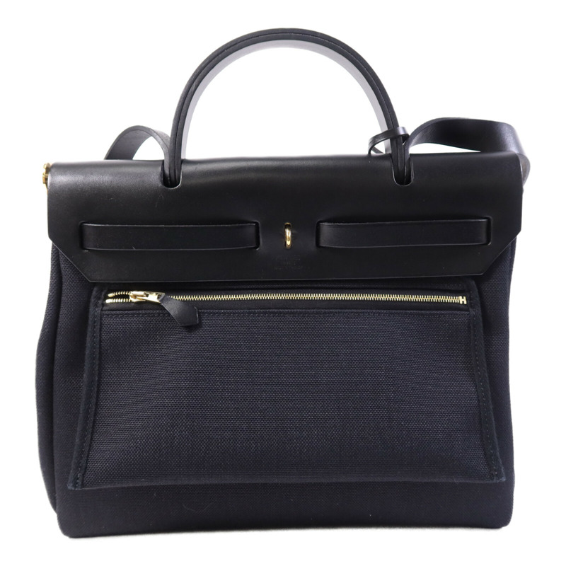 HERMES 帆布Herbag PM金扣手挽肩背兩用袋Noir-1