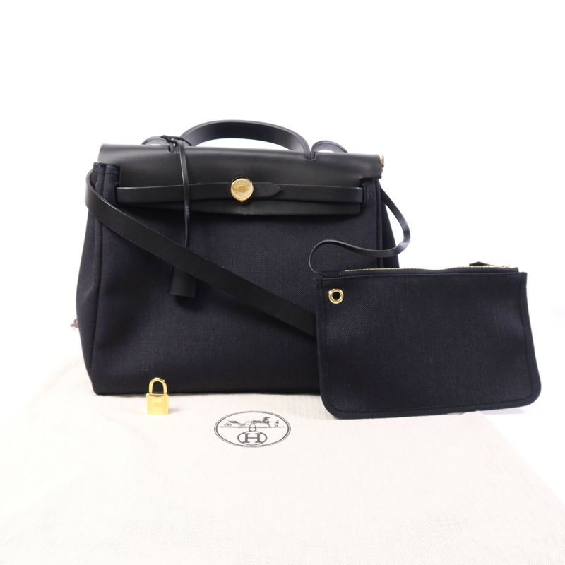 HERMES 帆布Herbag PM金扣手挽肩背兩用袋Noir-8